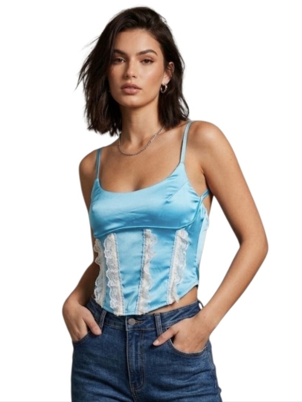 Blue Satin Crop Corset Tank Top with Back Zip
